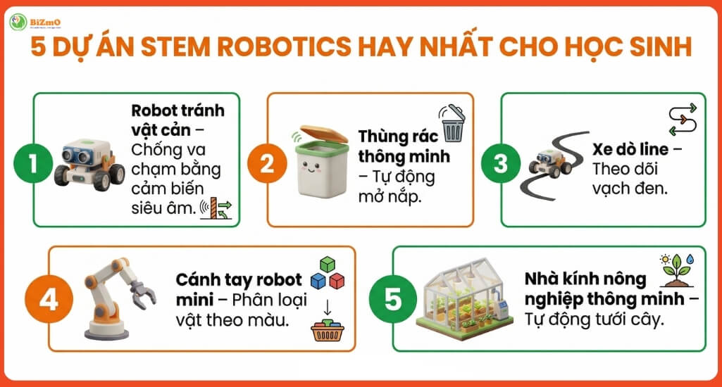 Khám Phá STEM Robotics Kits: Giải Pháp Đổi Mới Giáo Dục 3 5 dự án thực hành STEM Robotics Kits tiêu biểu cho học sinh từ tiểu học đến THPT: Robot tránh vật cản, Thùng rác thông minh, Xe dò line, Cánh tay robot mini & Nhà kính nông nghiệp thông minh