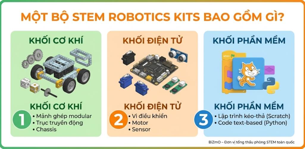 Khám Phá STEM Robotics Kits: Giải Pháp Đổi Mới Giáo Dục 2 cấu tạo STEM Robotics Kits bao gồm khối cơ khí, điện tử và phần mềm – tài liệu tham khảo cho giáo viên và phụ huynh
