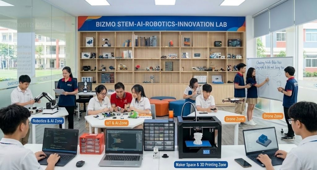 BiZmO Nhà thầu phòng STEM | Tổng thầu EPC 6 Phòng STEM Innovation Tại Cà Mau & Long An 2 Nhiều nhóm học sinh đang say sưa lập trình, lắp ráp robot và thảo luận ý tưởng tại phòng lab STEM - AI - Robotics đa năng.