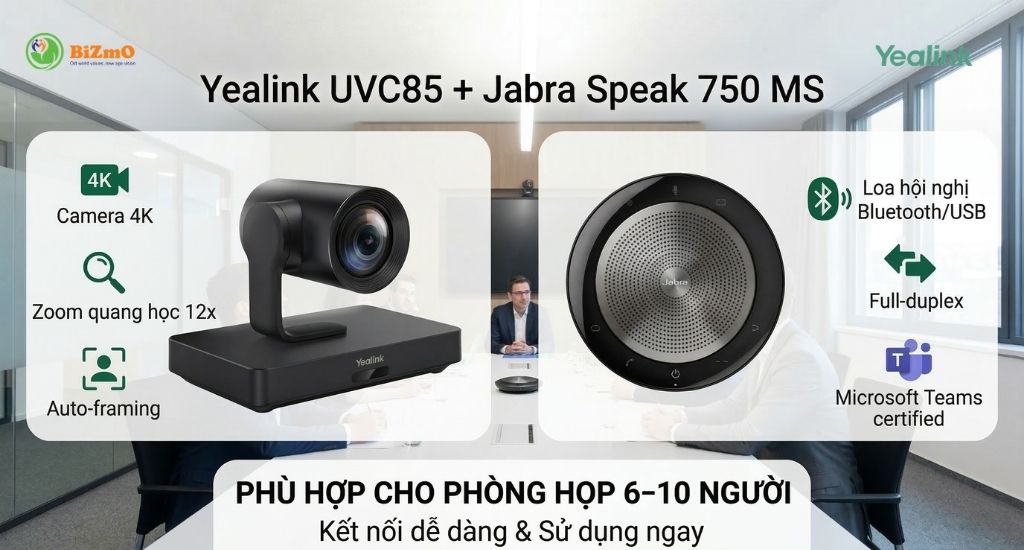 Yealink UVC85 + Jabra Speak 750 MS – Combo Camera 4K & Loa Hội Nghị Chính Hãng 2026 8 bộ camera hội nghị yealink uvc85 jabra speak 750 ms bizmo