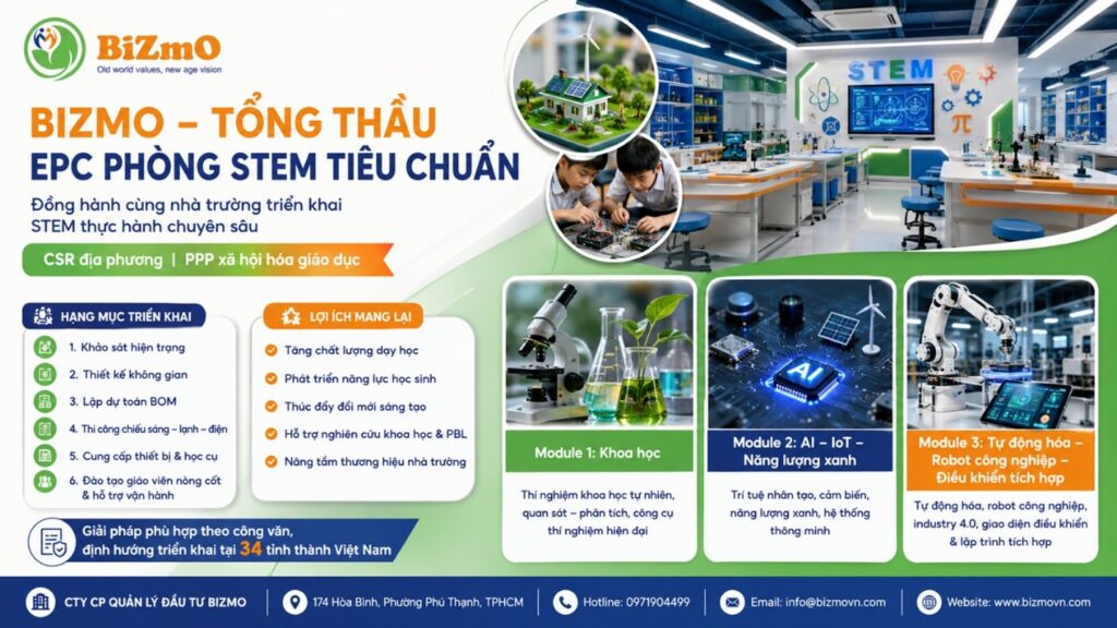 Triển Khai Phòng STEM Tiêu Chuẩn Cho Trường Học Việt Nam 1 BIZMO - Đơn vị tổng thầu triển khai phòng STEM cho trường học
