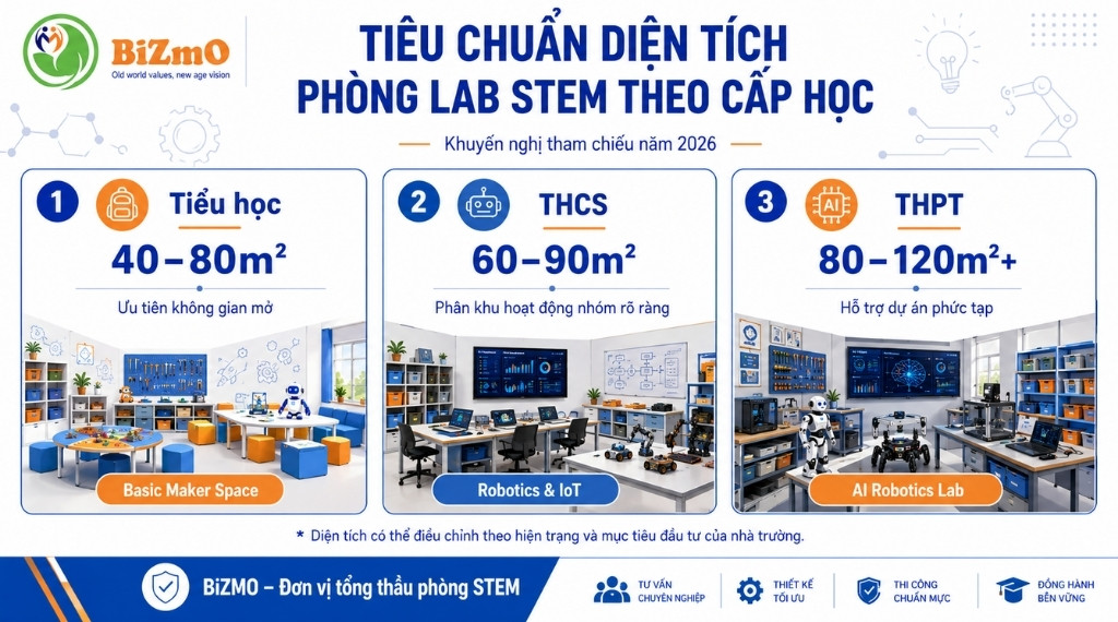 Tiêu Chuẩn Phòng Lab STEM 2026 Theo Bộ GD&ĐT: Diện Tích, Thiết Bị, An Toàn & Báo Giá Thi Công 3 tieu-chuan-dien-tich-phong-lab-stem-theo-cap-hoc-bizmo