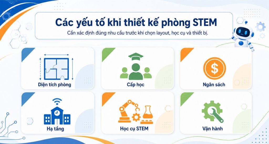 Thiết kế phòng STEM theo diện tích, cấp học và ngân sách 2 Các yếu tố khi thiết kế phòng STEM gồm diện tích phòng, cấp học, ngân sách, hạ tầng, học cụ STEM và vận hành.