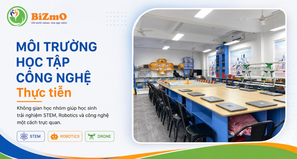 BiZmO đạt chứng nhận ISO 9001:2015 về hệ thống quản lý chất lượng 2 Phòng STEM BiZmO với không gian thực hành, học cụ và thiết bị hỗ trợ triển khai giải pháp giáo dục STEM cho trường học.
